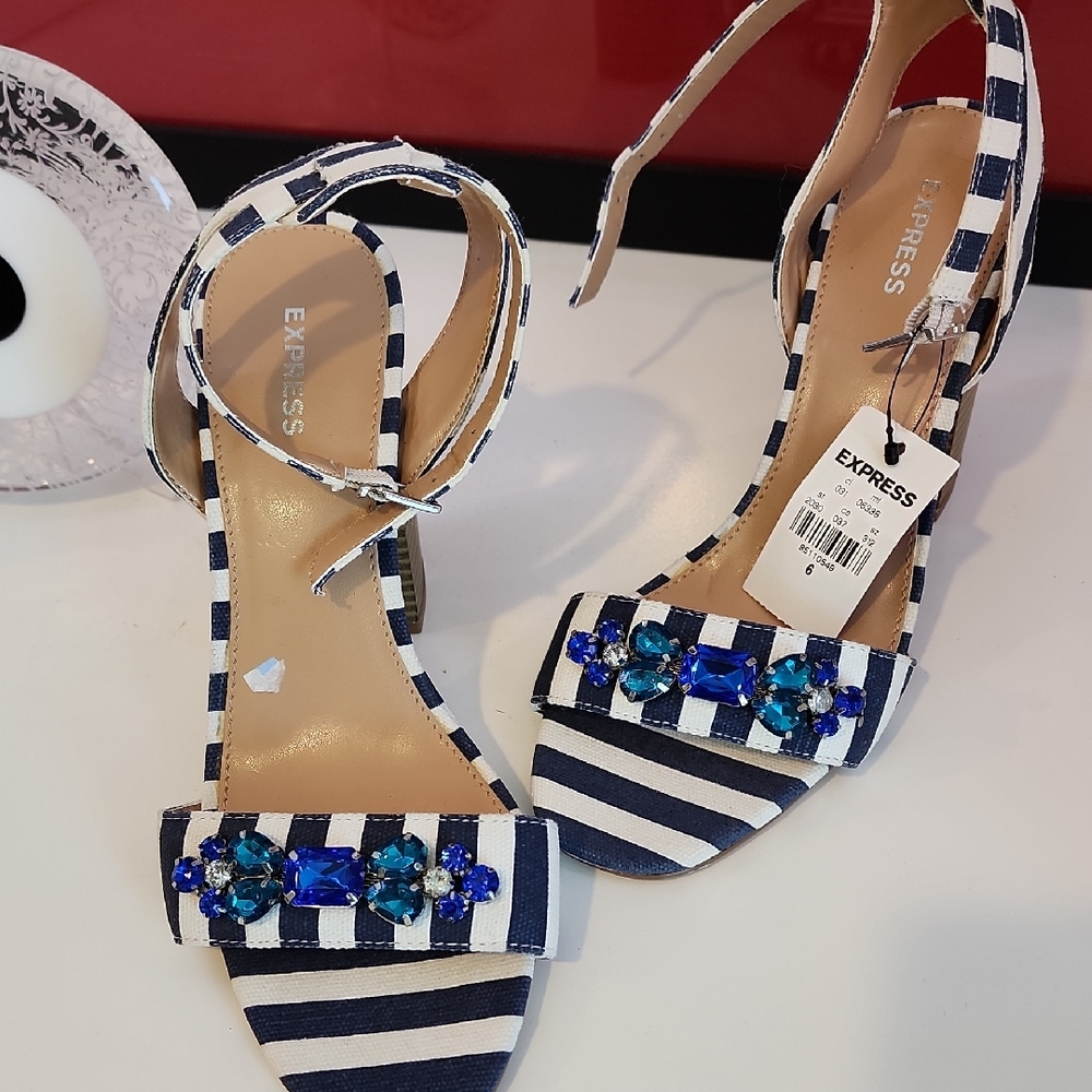 Express Navy and White Striped Sandals with Blue Gems